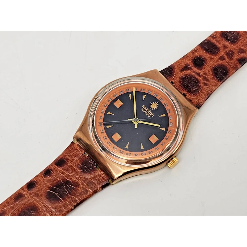 Vintage AG 1991 Swatch Watch Copper/Black Tone Leather Band Wt Case -New Battery